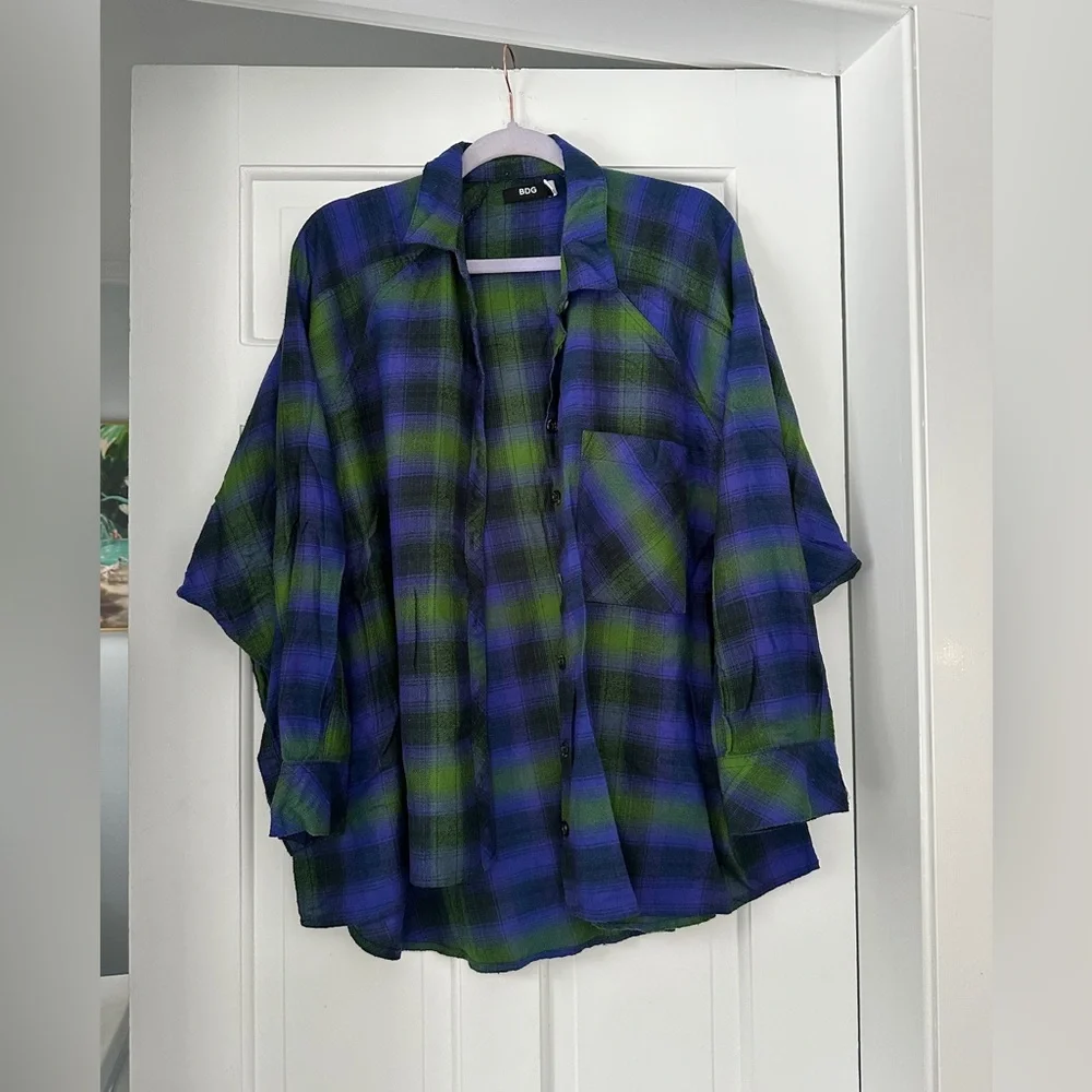 UO Brendan Drapey Flannel Oversized Blue Green Button-Down Shirt in Size Small - Picture 4 of 9